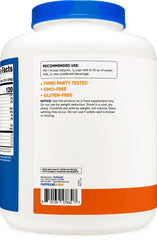 Nutricost label on tub highlights gluten-free and GMO-free ingredients