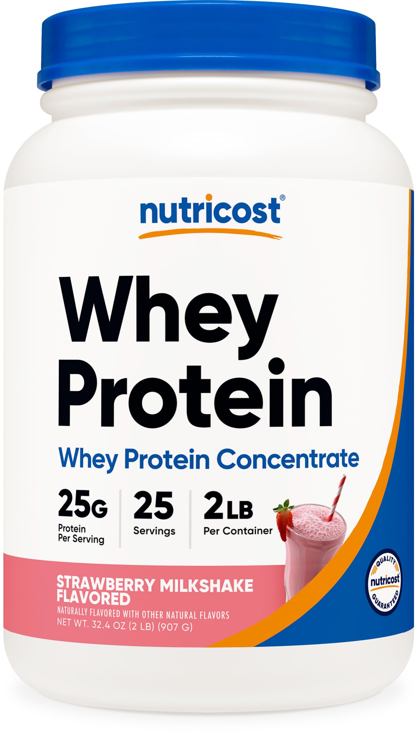 Nutricost Strawberry Milkshake whey protein bottle for daily shakes.