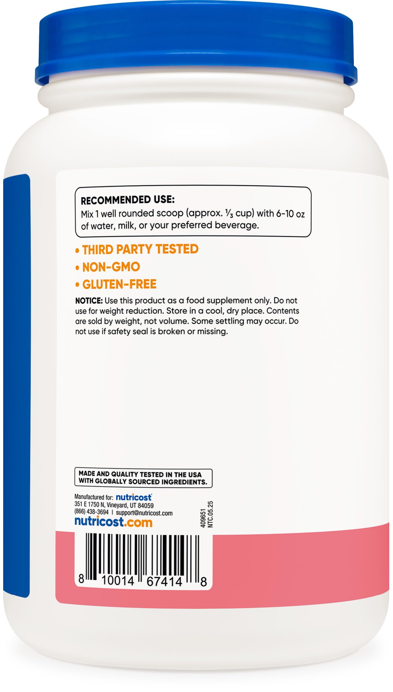 Nutricost whey protein glass with shake showing gluten-free option.