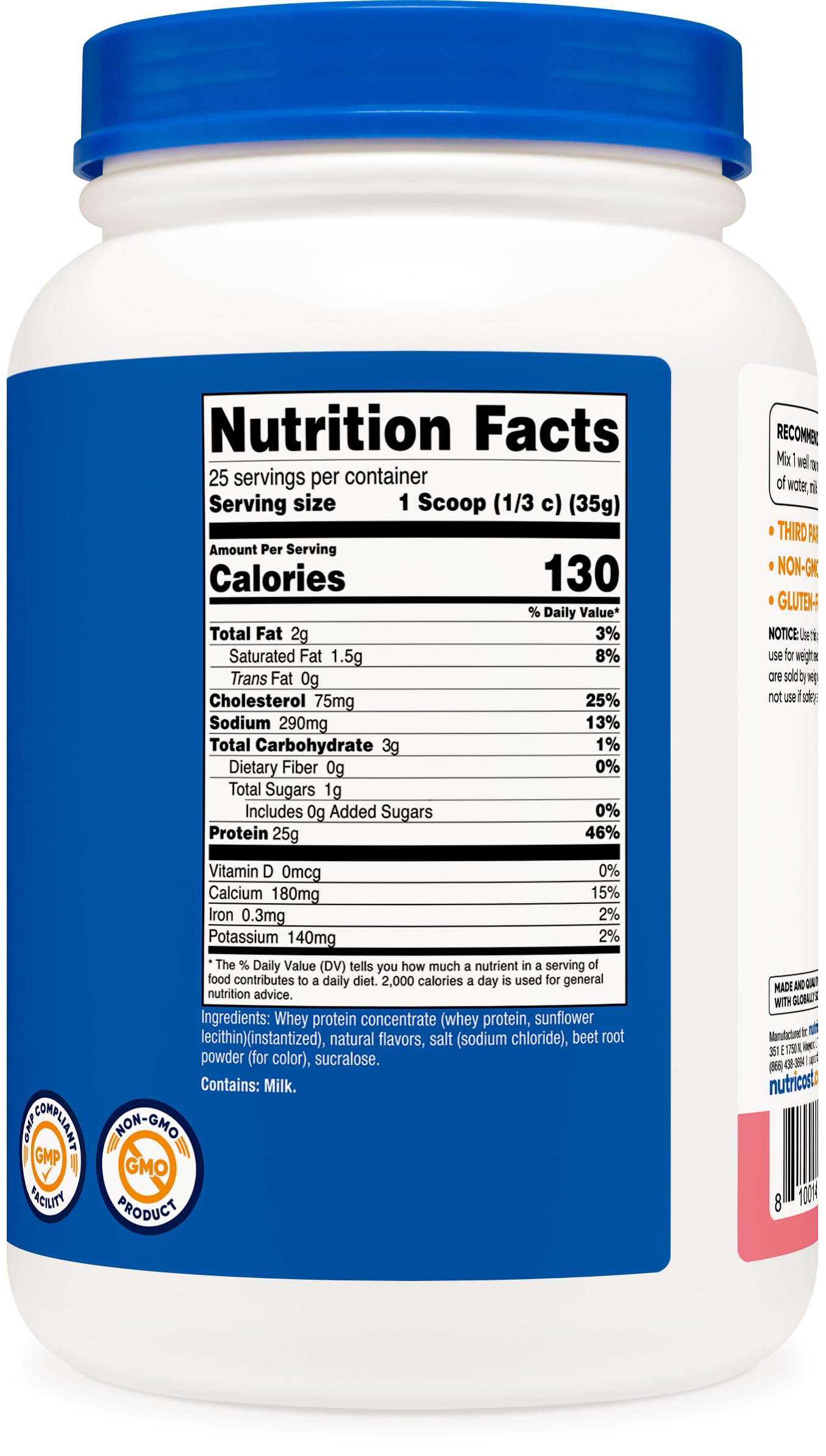 Nutricost packaging close-up highlighting third-party testing in GMP-FDA facility.