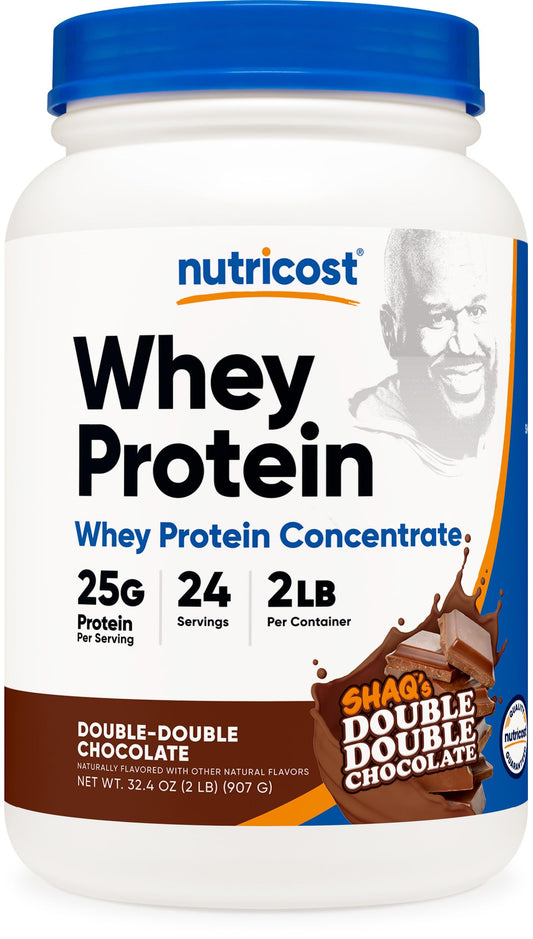 Nutricost Whey Protein Concentrate tub front with Double Double Chocolate flavor for protein supplementation