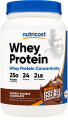 Nutricost Whey Protein Concentrate tub front with Double Double Chocolate flavor for protein supplementation