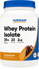 Nutricost Whey Protein Isolate Chocolate Peanut Butter jar shows premium protein for shakes.