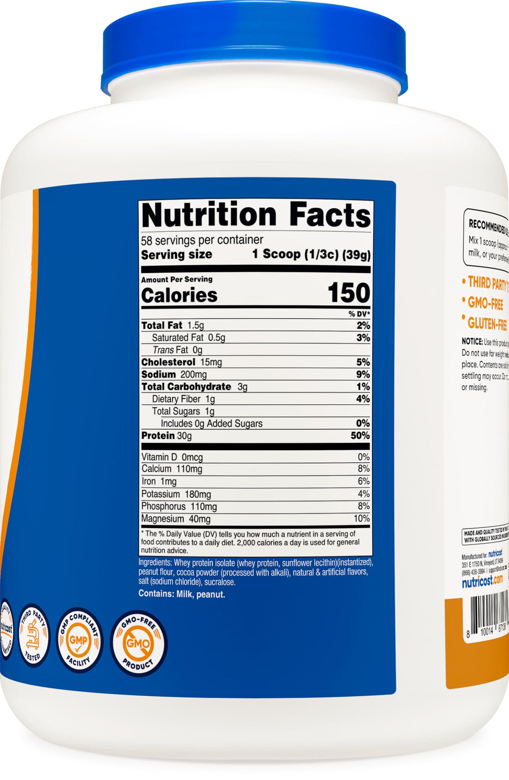 Nutrition label close-up showing 30 g protein per serving and ingredients.