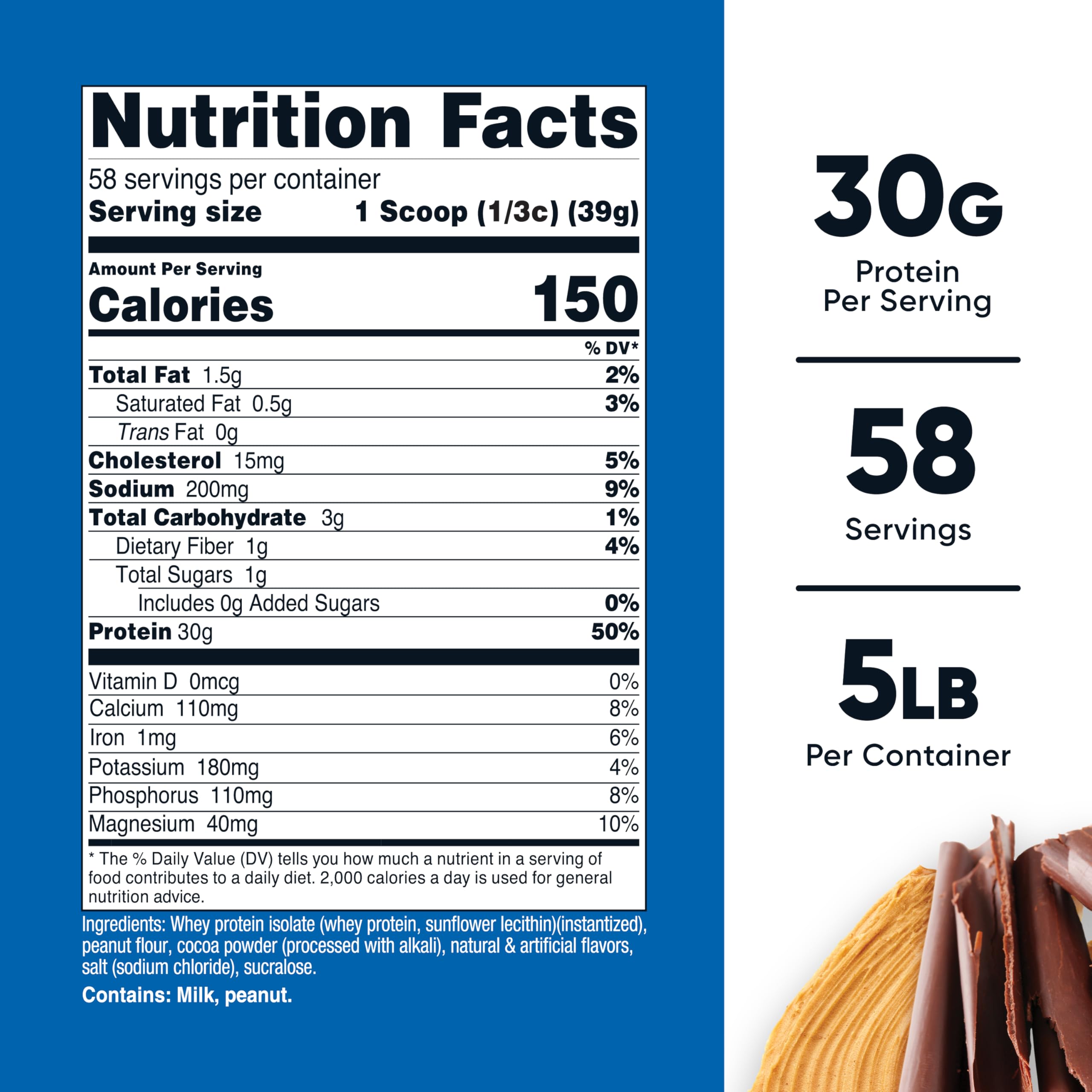 Nutricost Whey Protein Isolate scoop with chocolate peanut butter flavor for easy mixing.
