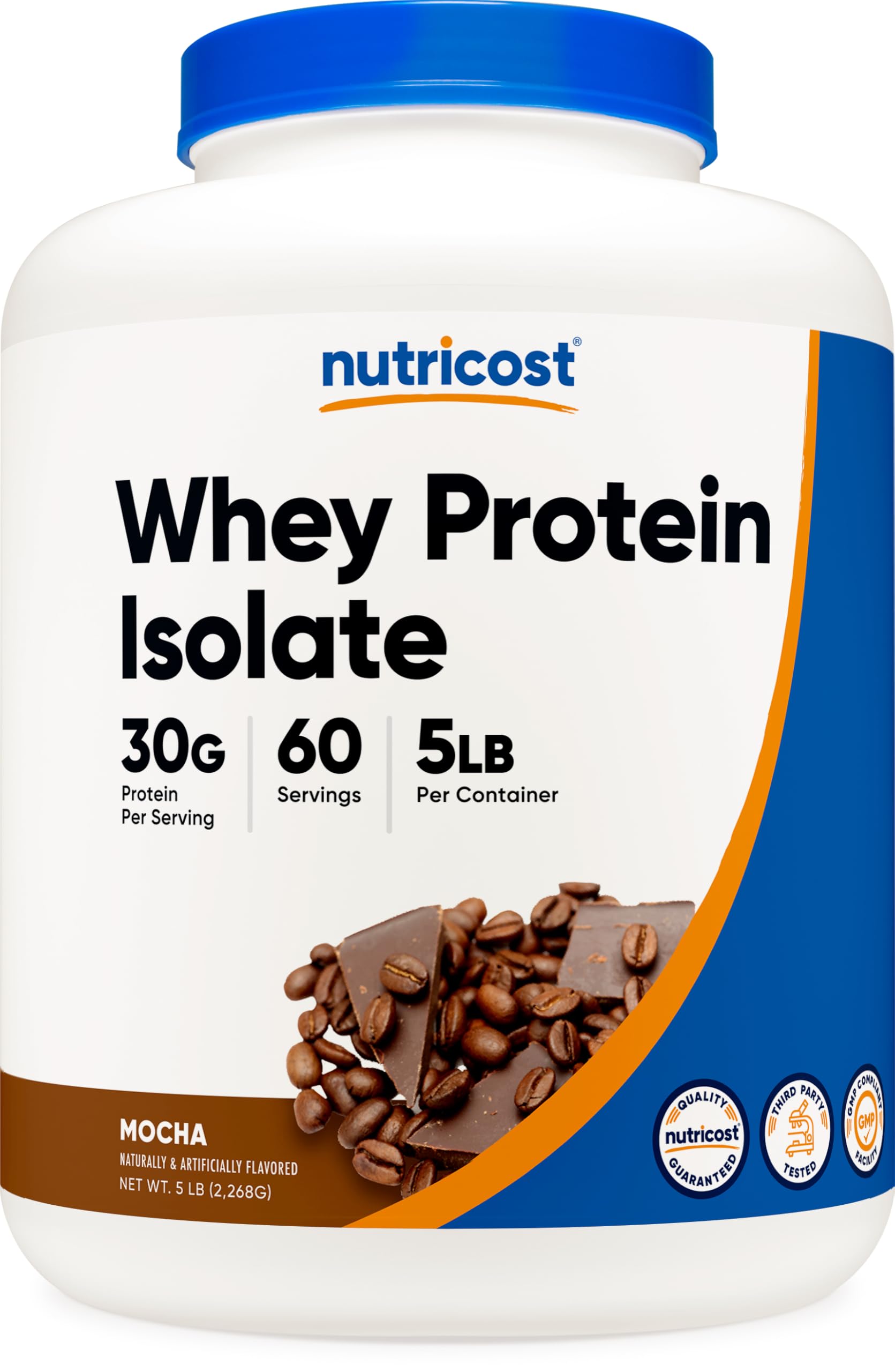 Nutricost Whey Protein Isolate Mocha 5lb packaging for gluten-free, non-GMO quality.