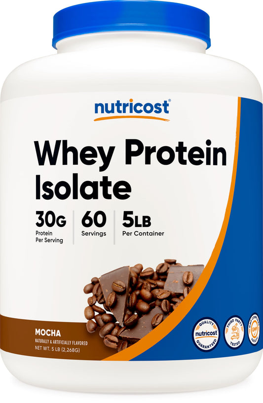 Nutricost Whey Protein Isolate Mocha 5lb packaging for gluten-free, non-GMO quality.