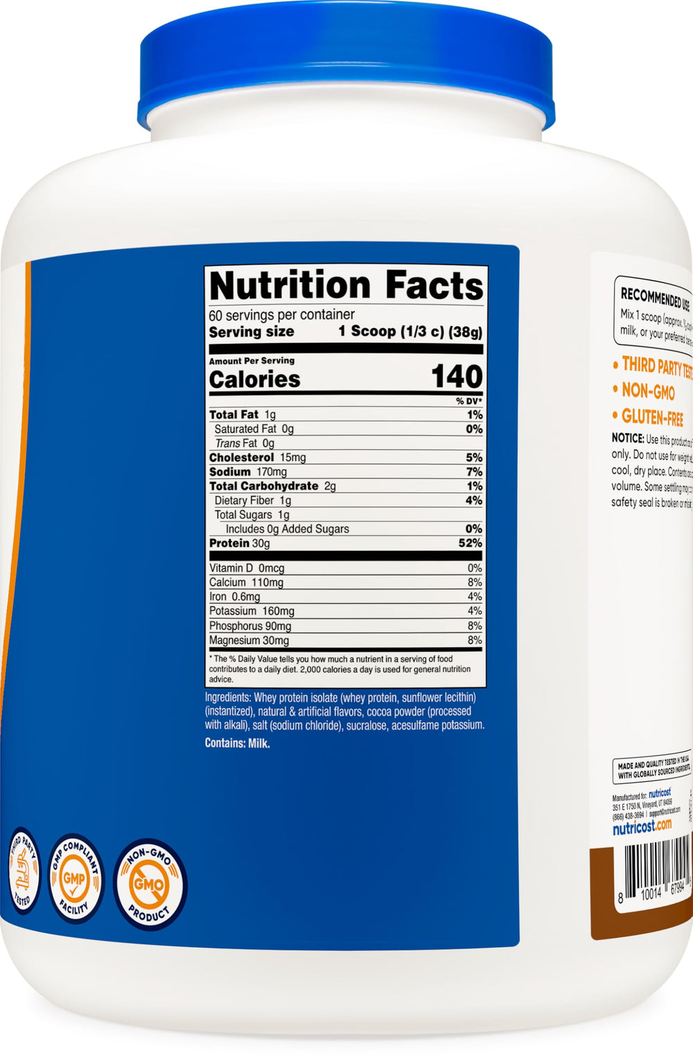 Nutricost Whey Protein Isolate Mocha bottle on kitchen counter for daily shakes.