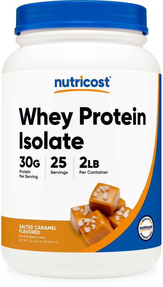 Nutricost Whey Protein Isolate Salted Caramel bottle front for protein fueling