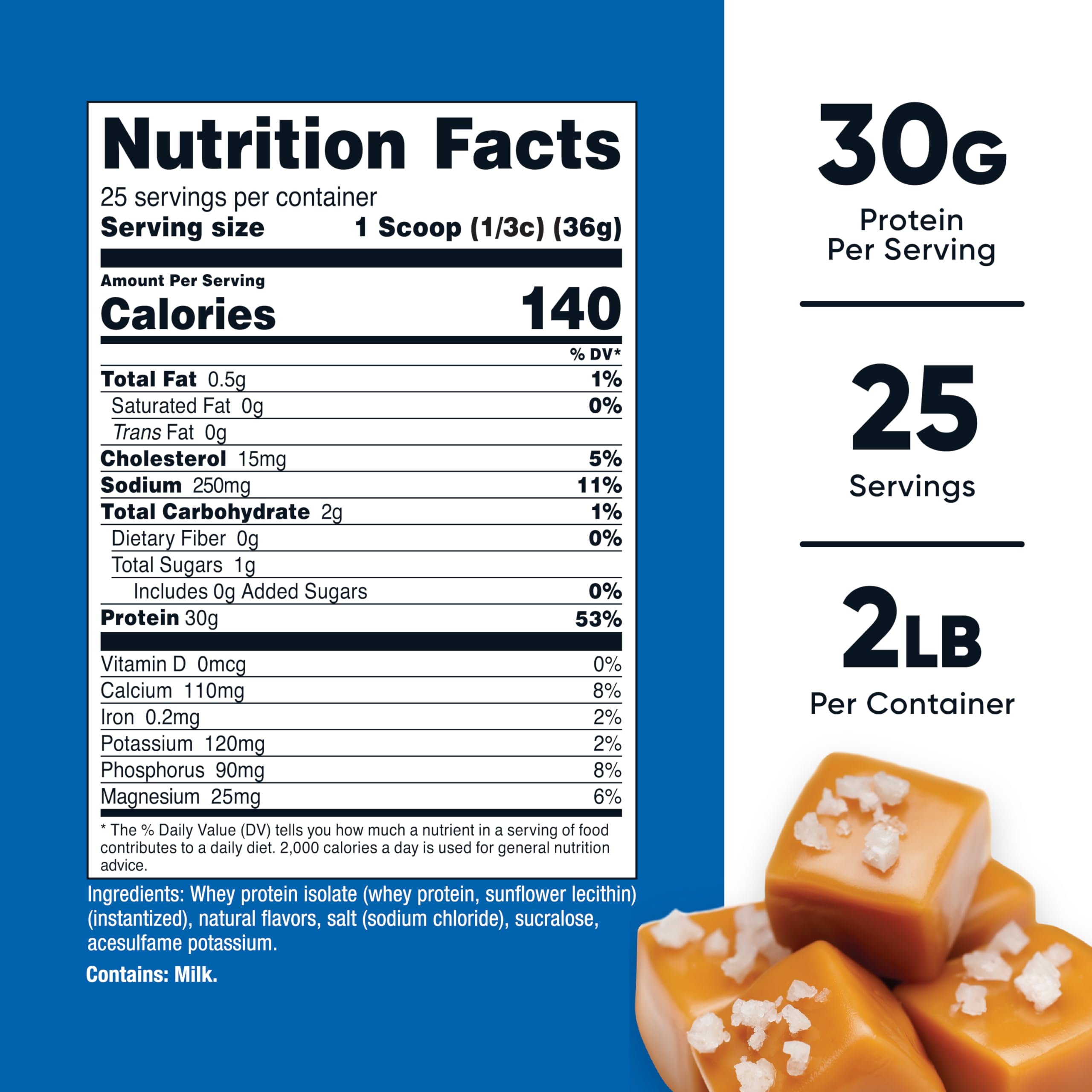 Nutricost Salted Caramel whey isolate powder container highlighting high protein per serving