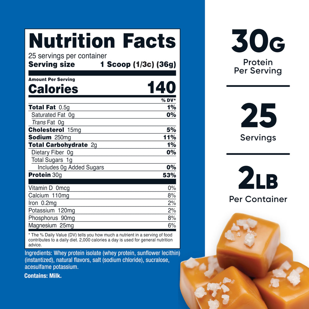 Nutricost Salted Caramel whey isolate powder container highlighting high protein per serving