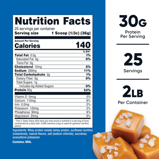 Nutricost Salted Caramel whey isolate powder container highlighting high protein per serving