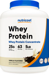 Nutricost Whey Protein Vanilla 5lb bottle ready for high-protein routines.