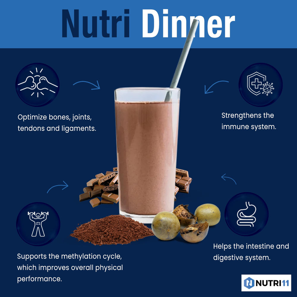 NutriDinner night-time shake in glass conveys creamy evening ritual