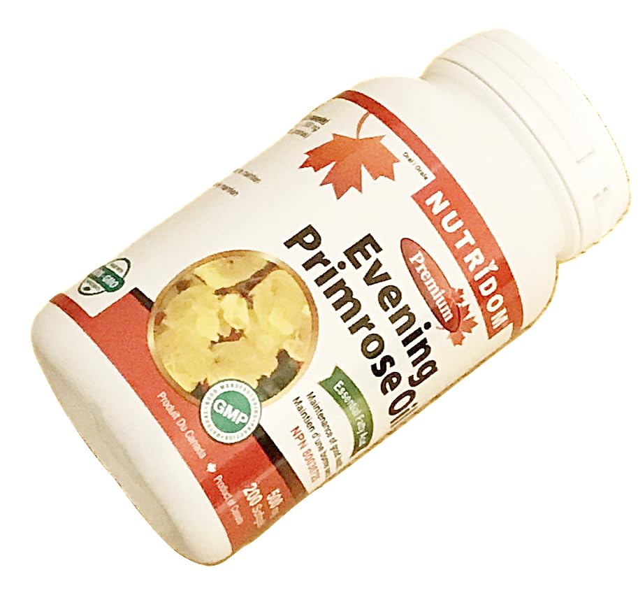 Nutridom Evening Primrose Oil bottle with glass for easy intake.