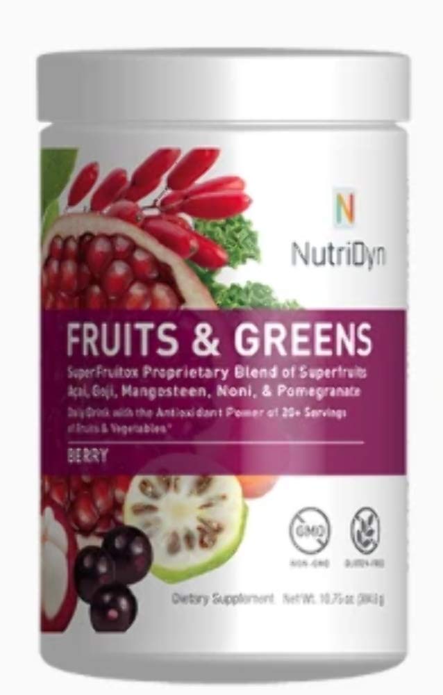 Nutri-Dyn Fruits and Greens ingredient label highlights organic greens and probiotic blend.