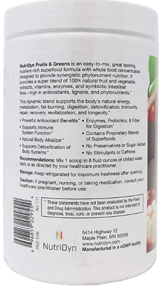 Nutri-Dyn Fruits and Greens shake glass shows a vibrant, immune-supporting greens boost.