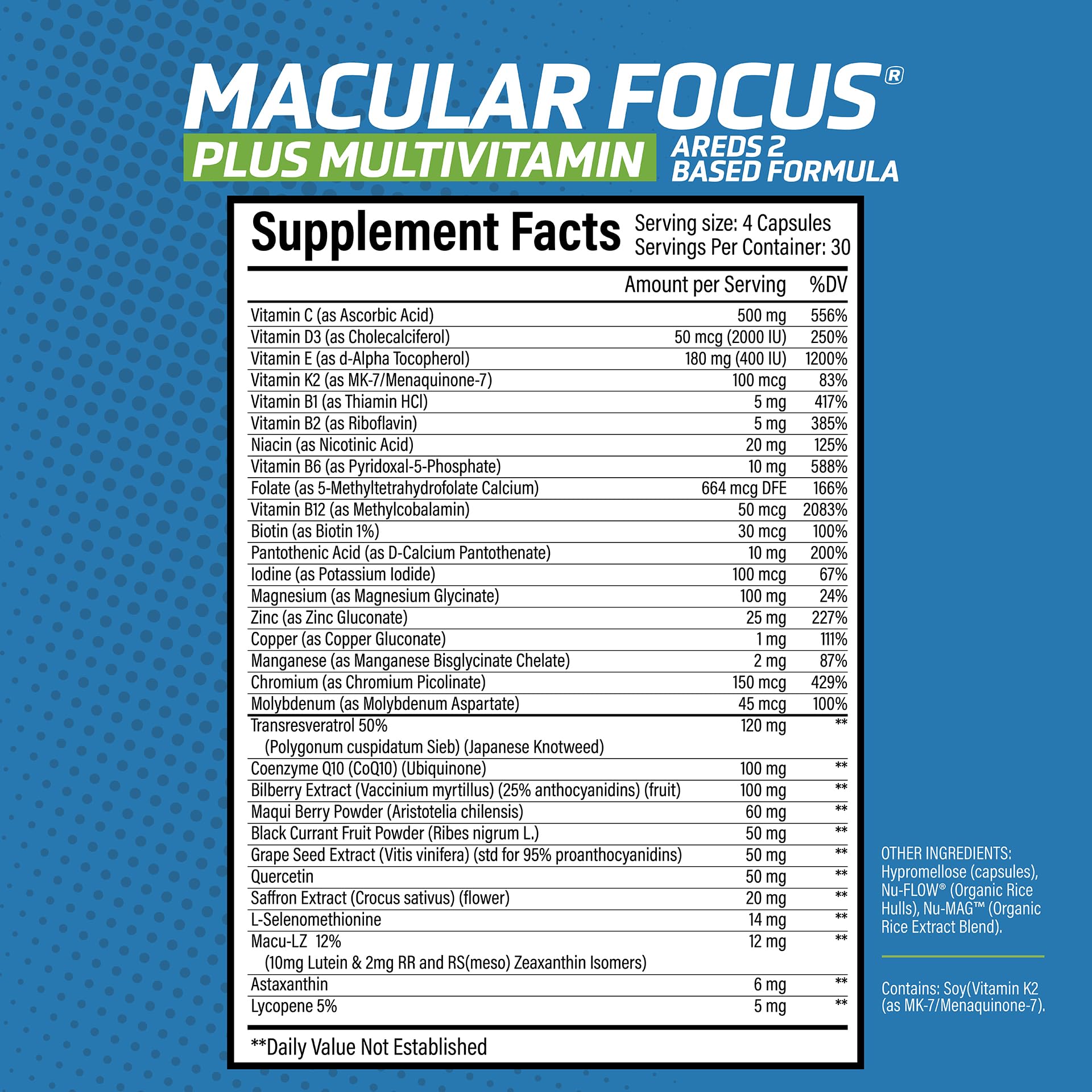 Nutrient Revolution Macular Focus Plus lab-tested, non-GMO packaging.