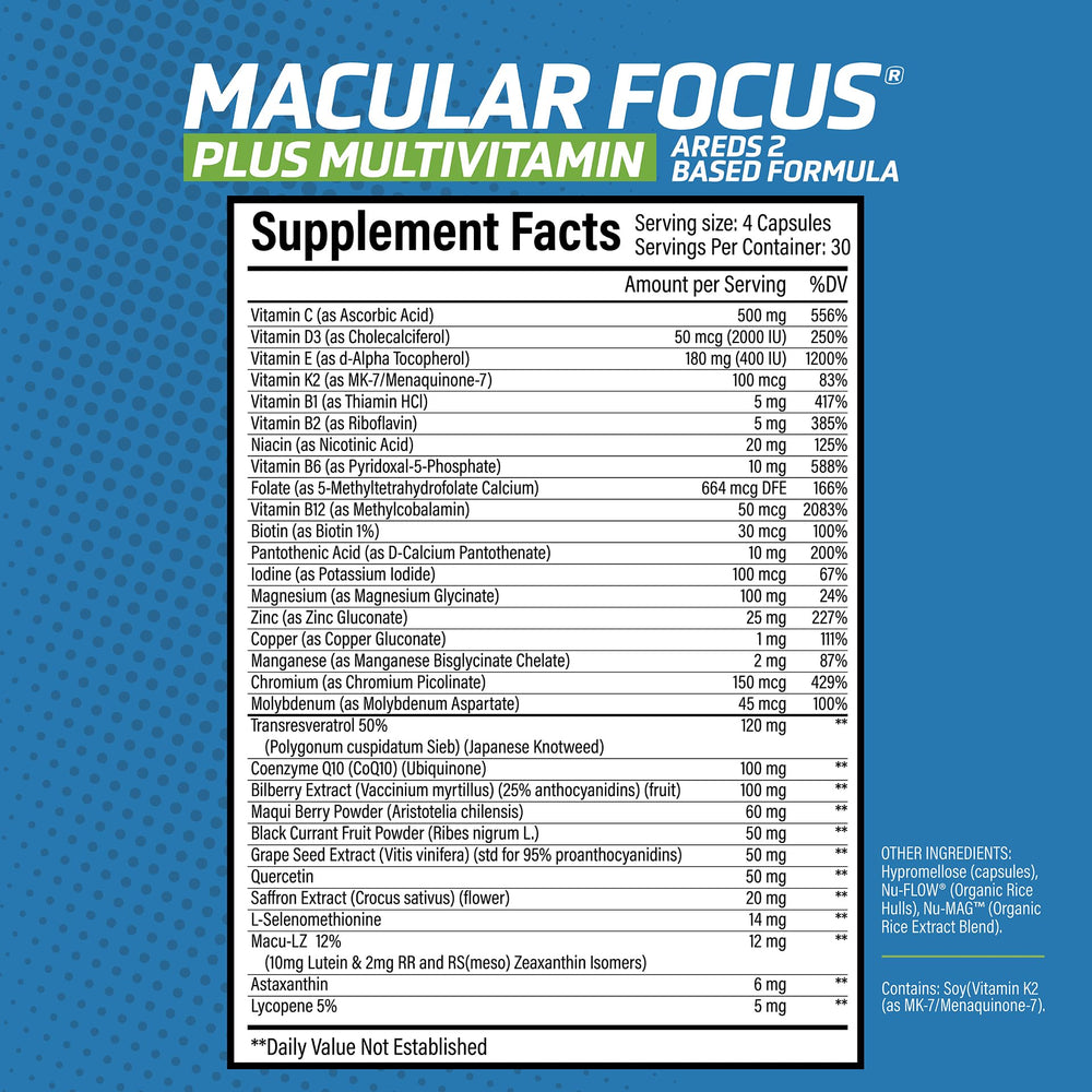 Nutrient Revolution Macular Focus Plus lab-tested, non-GMO packaging.