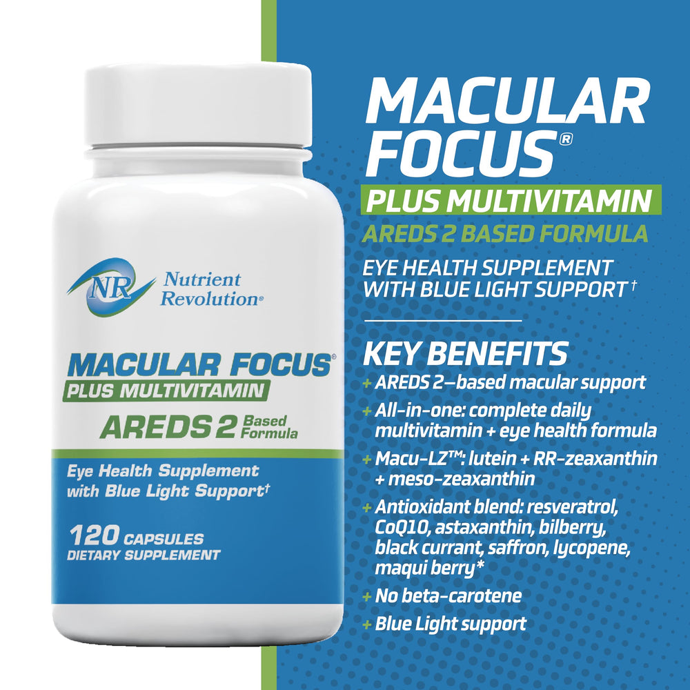 Nutrient Revolution Macular Focus Plus capsules ready for daily use.