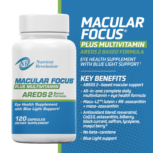 Nutrient Revolution Macular Focus Plus capsules ready for daily use.