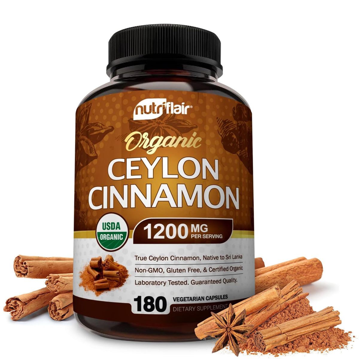 NutriFlair Organic Ceylon Cinnamon bottle with USDA Organic seal for purity