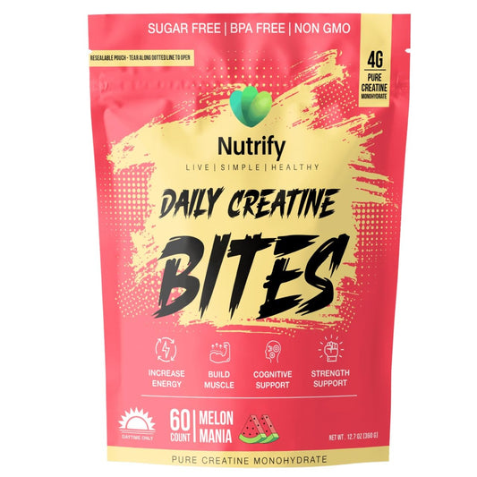 Nutrify Daily Creatine Gummies Melon Mania tub front with branding for gym-friendly support.