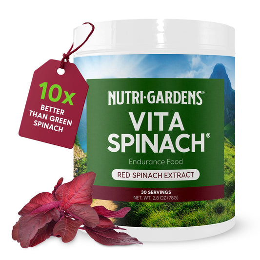 Nutrigardens VitaSpinach bottle closeup shows pure red spinach extract for natural energy