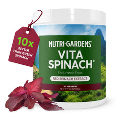 Nutrigardens VitaSpinach bottle closeup shows pure red spinach extract for natural energy