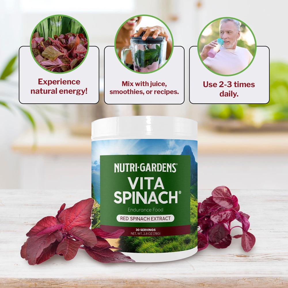 Nutrigardens VitaSpinach serving scoop shown beside workout gear