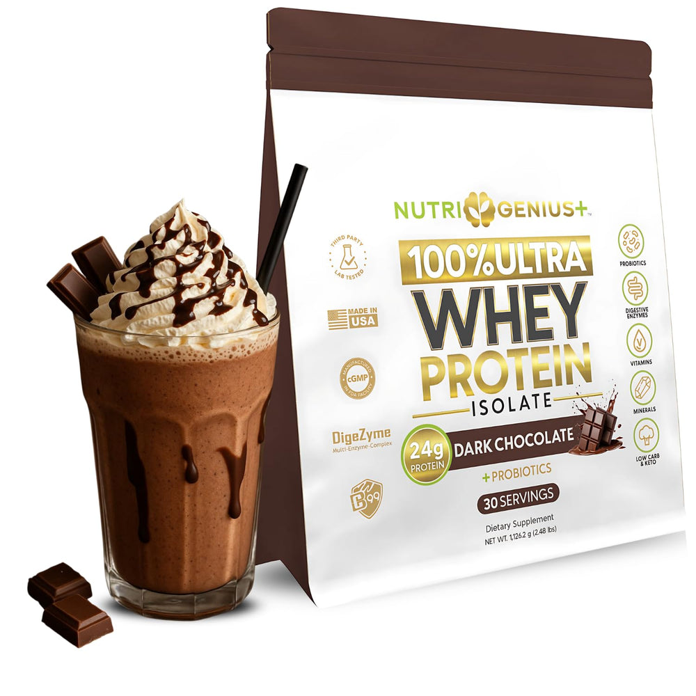 Nutrigenius+ bottle showcases whey protein isolate for muscle recovery
