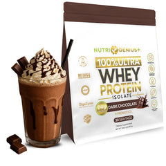 Nutrigenius+ bottle showcases whey protein isolate for muscle recovery
