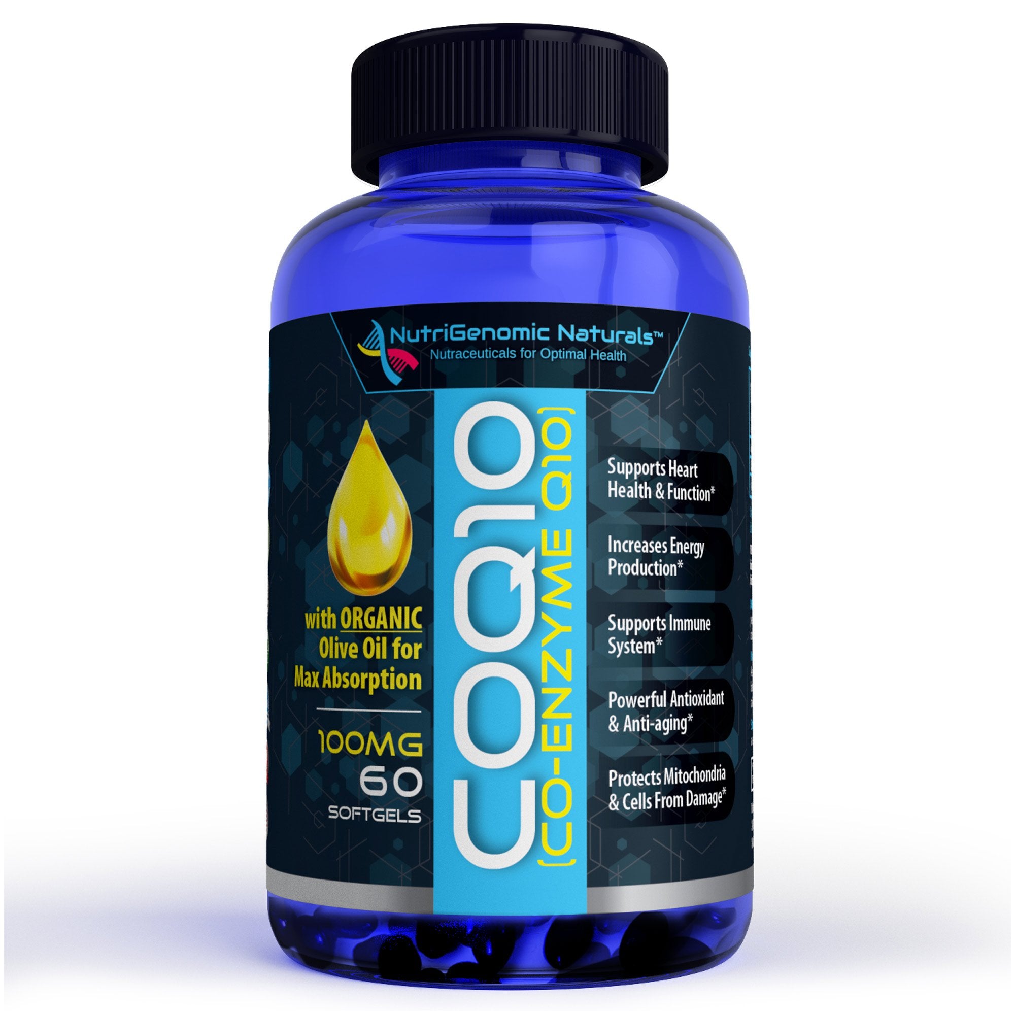 NutriGenomic Naturals CoQ10 bottle pour shows olive oil base for heart support