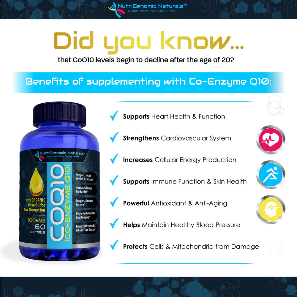 NutriGenomic Naturals CoQ10 label closeup indicating cognitive support potential