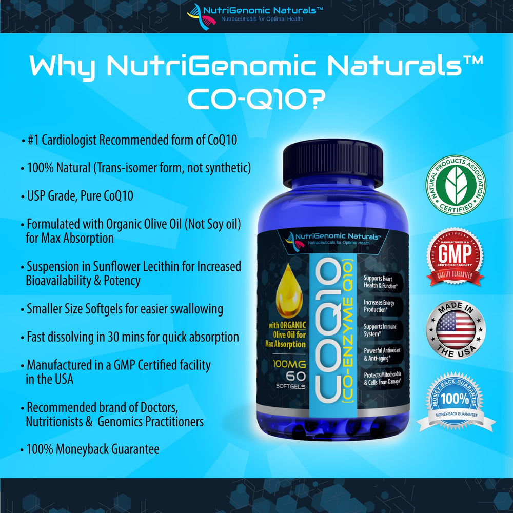 NutriGenomic Naturals CoQ10 bottle with heart health graphic suggesting normal function support