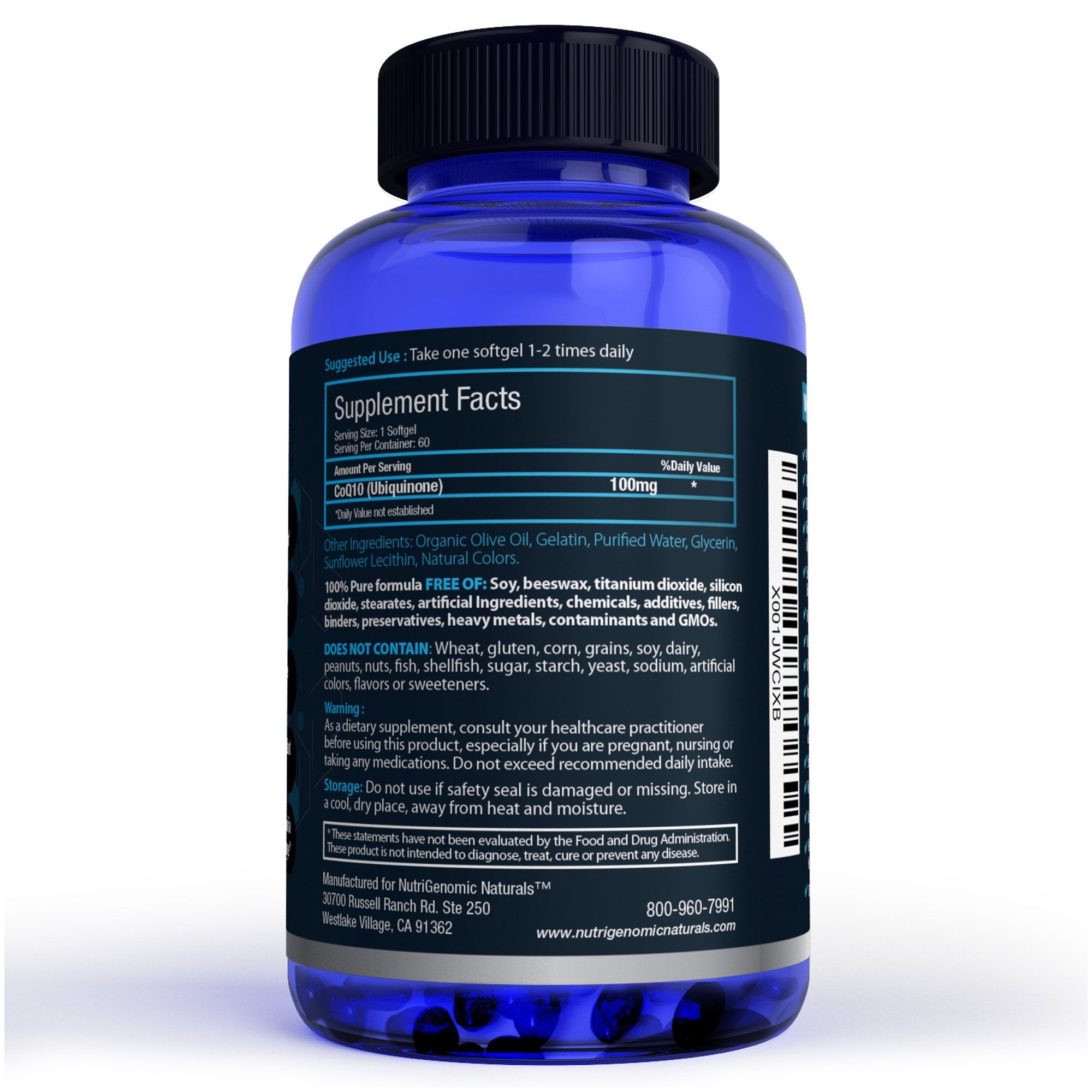 NutriGenomic Naturals CoQ10 softgels closeup highlighting high absorption for energy