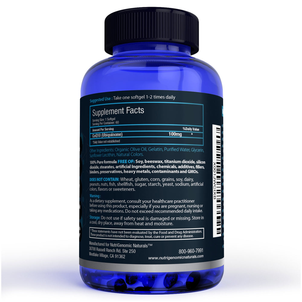 NutriGenomic Naturals CoQ10 softgels closeup highlighting high absorption for energy