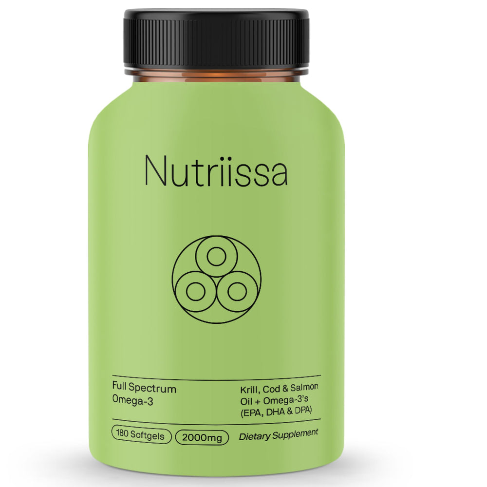 Nutriissa Full Spectrum Omega-3 krill oil bottle highlighting premium blend for heart and brain support.