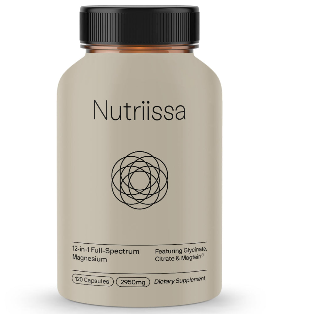Nutriissa 12-in-1 magnesium bottle label displaying full-spectrum mineral support.