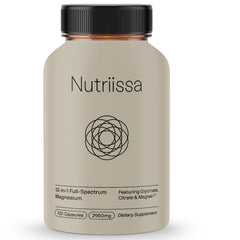 Nutriissa 12-in-1 magnesium bottle label displaying full-spectrum mineral support.