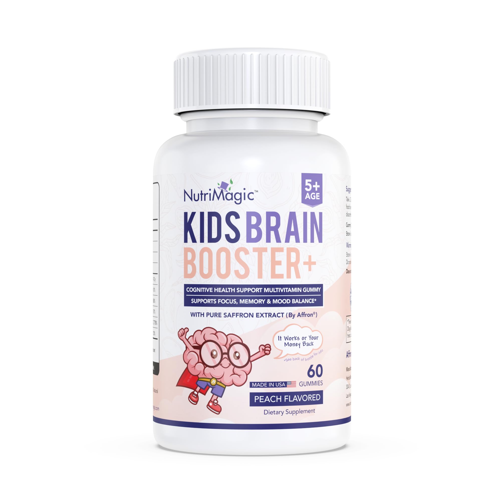 NutriMagic Kids Brain Booster bottle featuring Affron saffron gummies for focus support during study