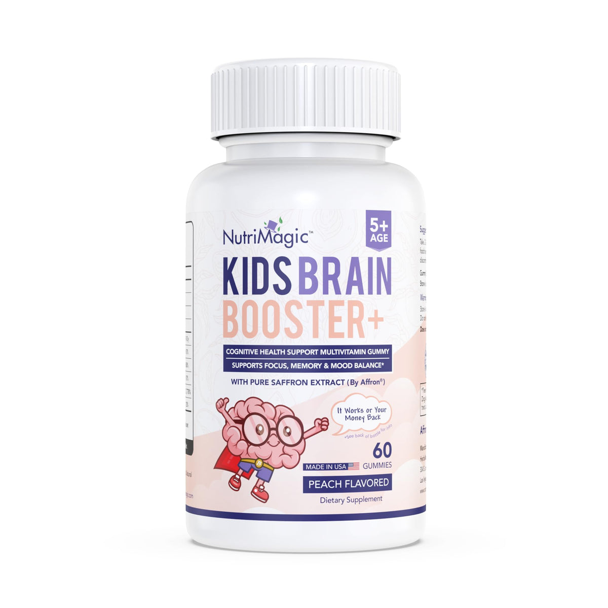 NutriMagic Kids Brain Booster bottle featuring Affron saffron gummies for focus support during study