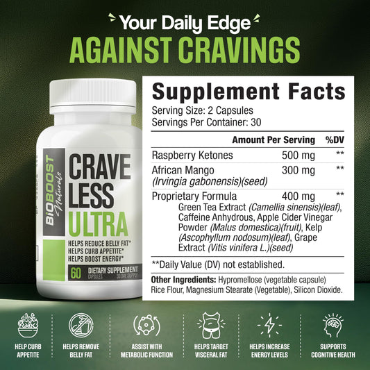 Crave Less Ultra capsule close-up highlighting energy and focus benefits
