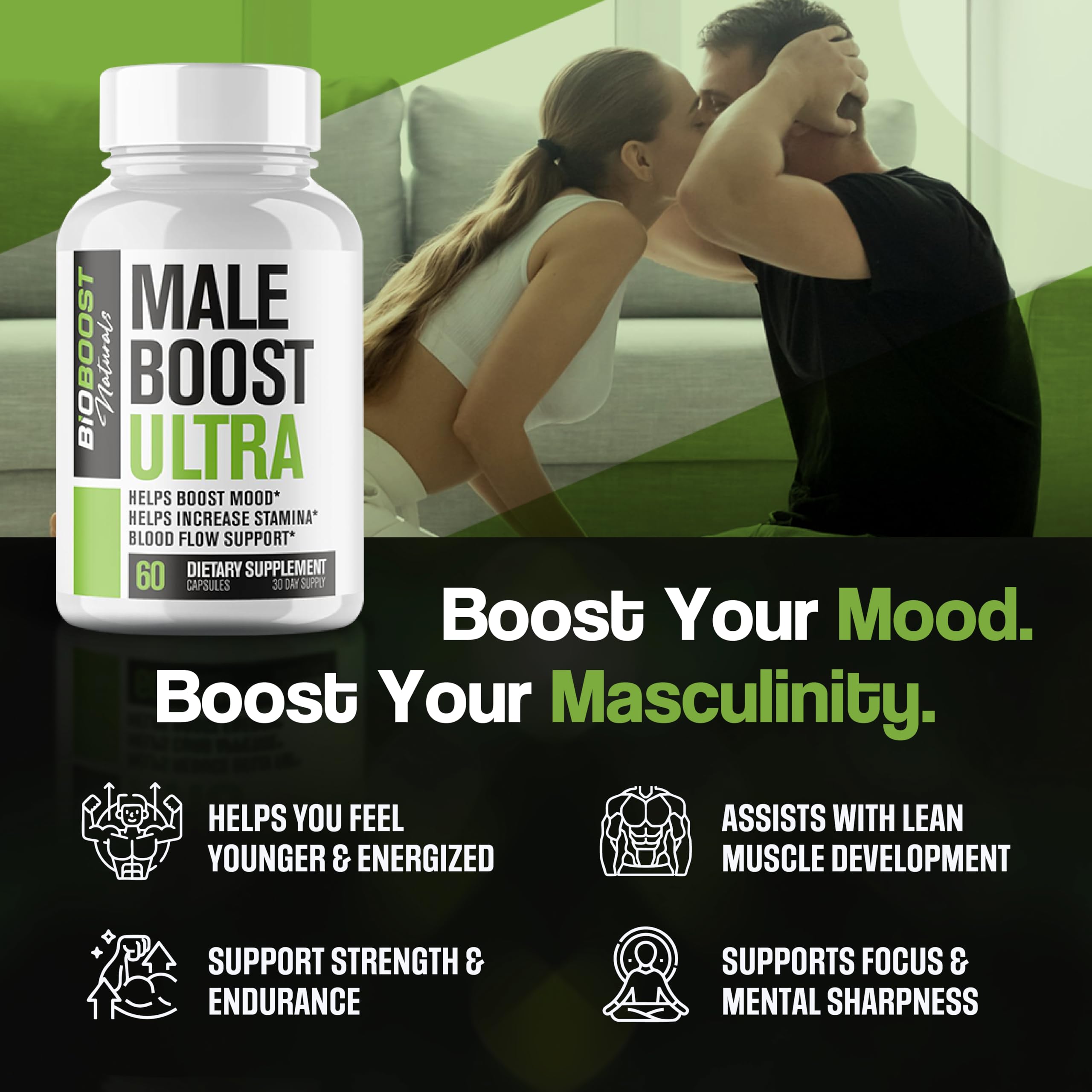 Nutrimend IQ Male Boost Ultra capsules close-up emphasizing lean muscle support.