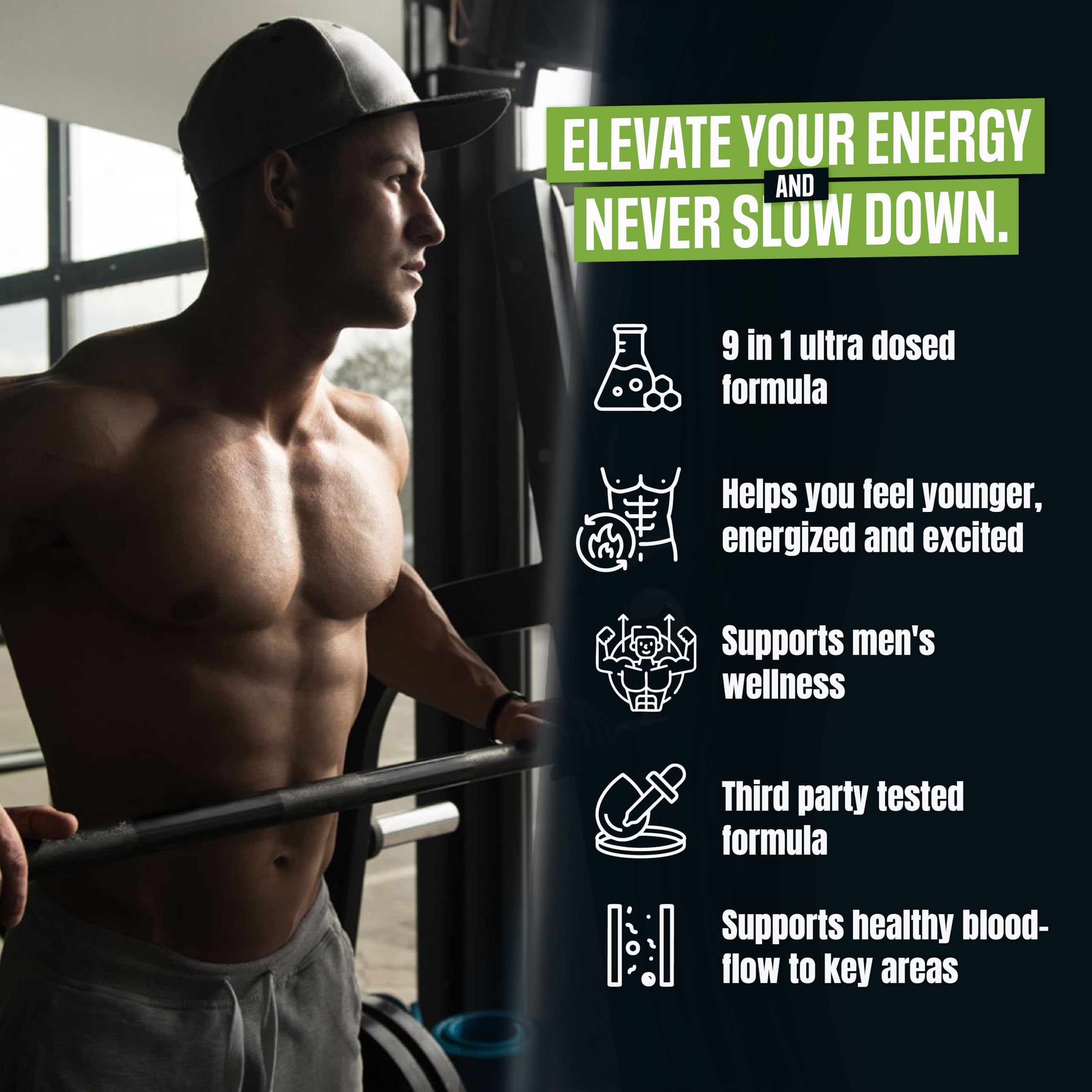 Nutrimend IQ Male Boost Ultra ingredient panel with stamina-supporting components.