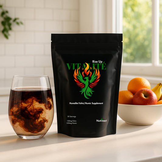 Nutrinect Vitalité Humalite bottle label highlighting plant-based purity for hydration.