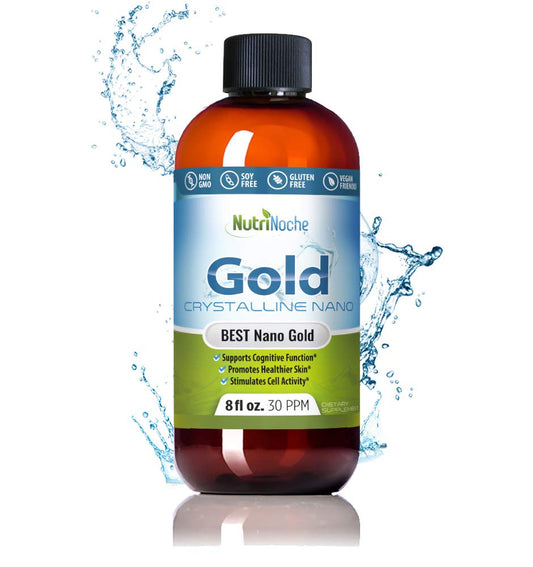NutriNoche colloidal gold bottle front may support mental clarity.