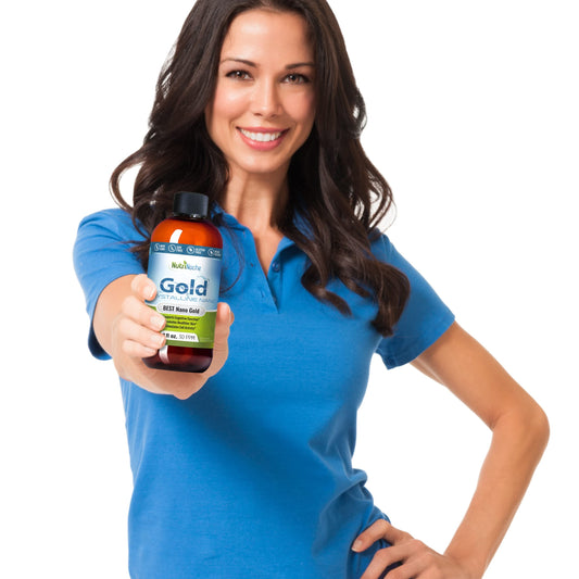 NutriNoche colloidal gold bottle being poured suggests easy daily use.