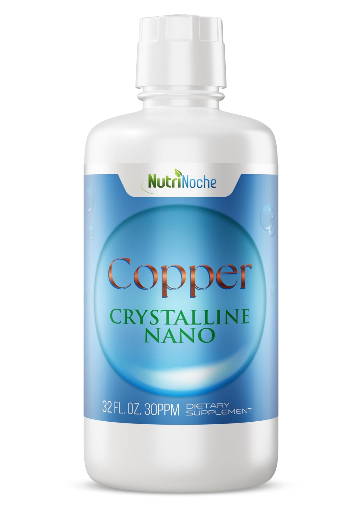 NutriNoche liquid colloidal copper bottle showing ultra-pure nano copper formulation.