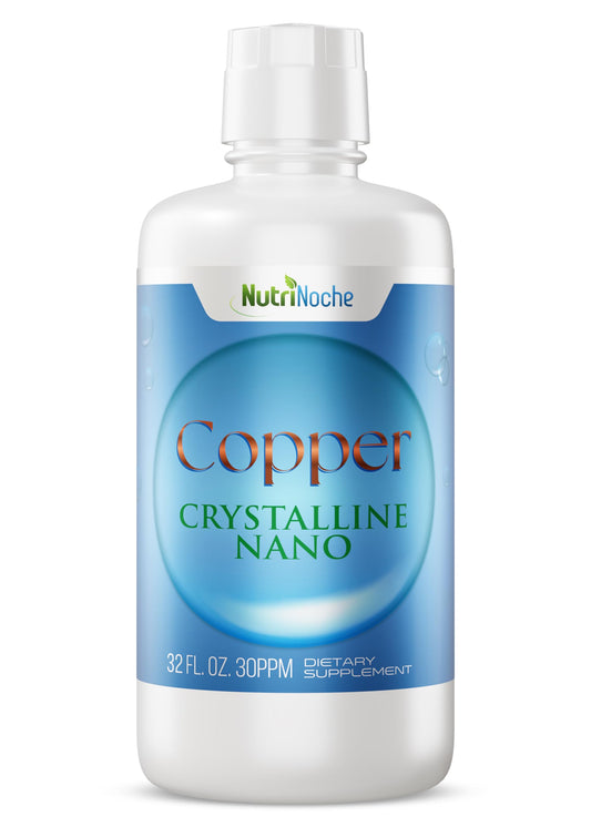 NutriNoche liquid colloidal copper bottle showing ultra-pure nano copper formulation.